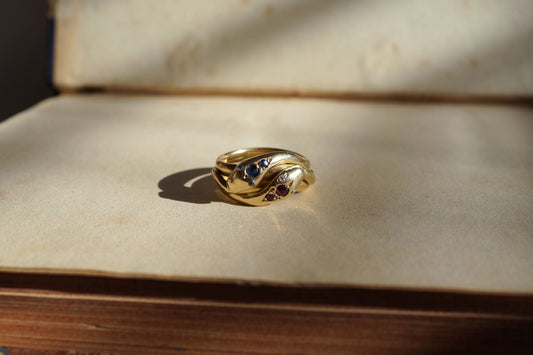 Victorian Double Snake Ring with Ruby and Sapphire