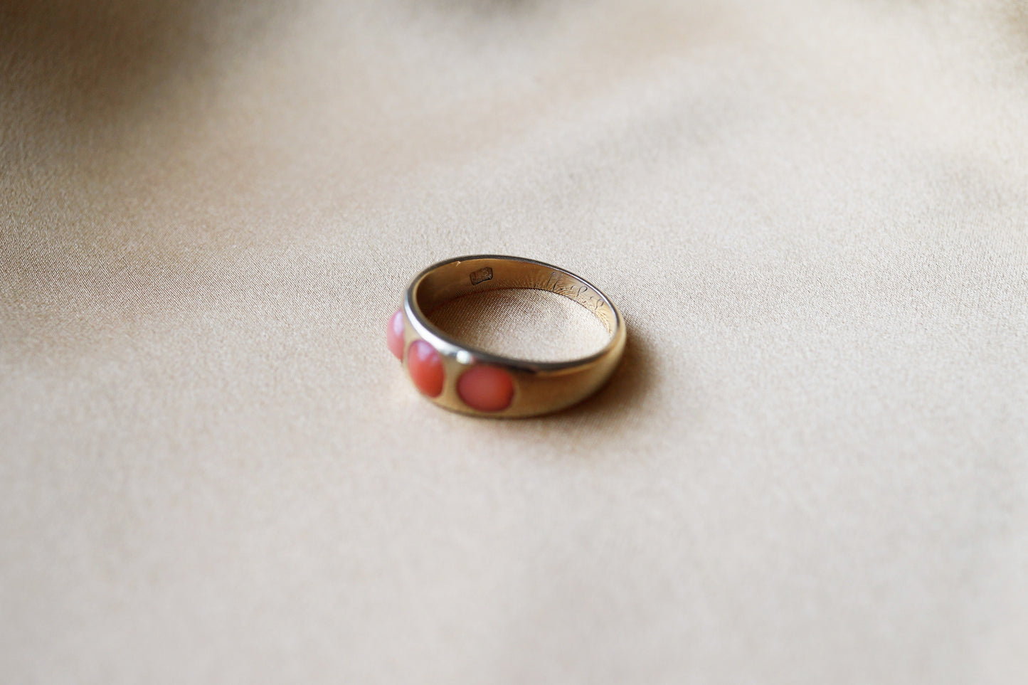 Victorian Flush Set Coral Three-stone Ring