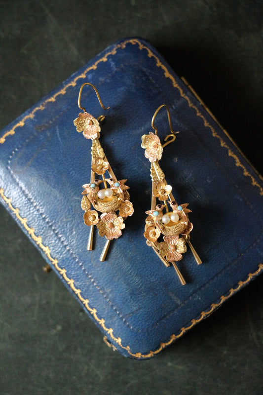 Victorian Two Tone Gold Floral Bird Drop Earrings