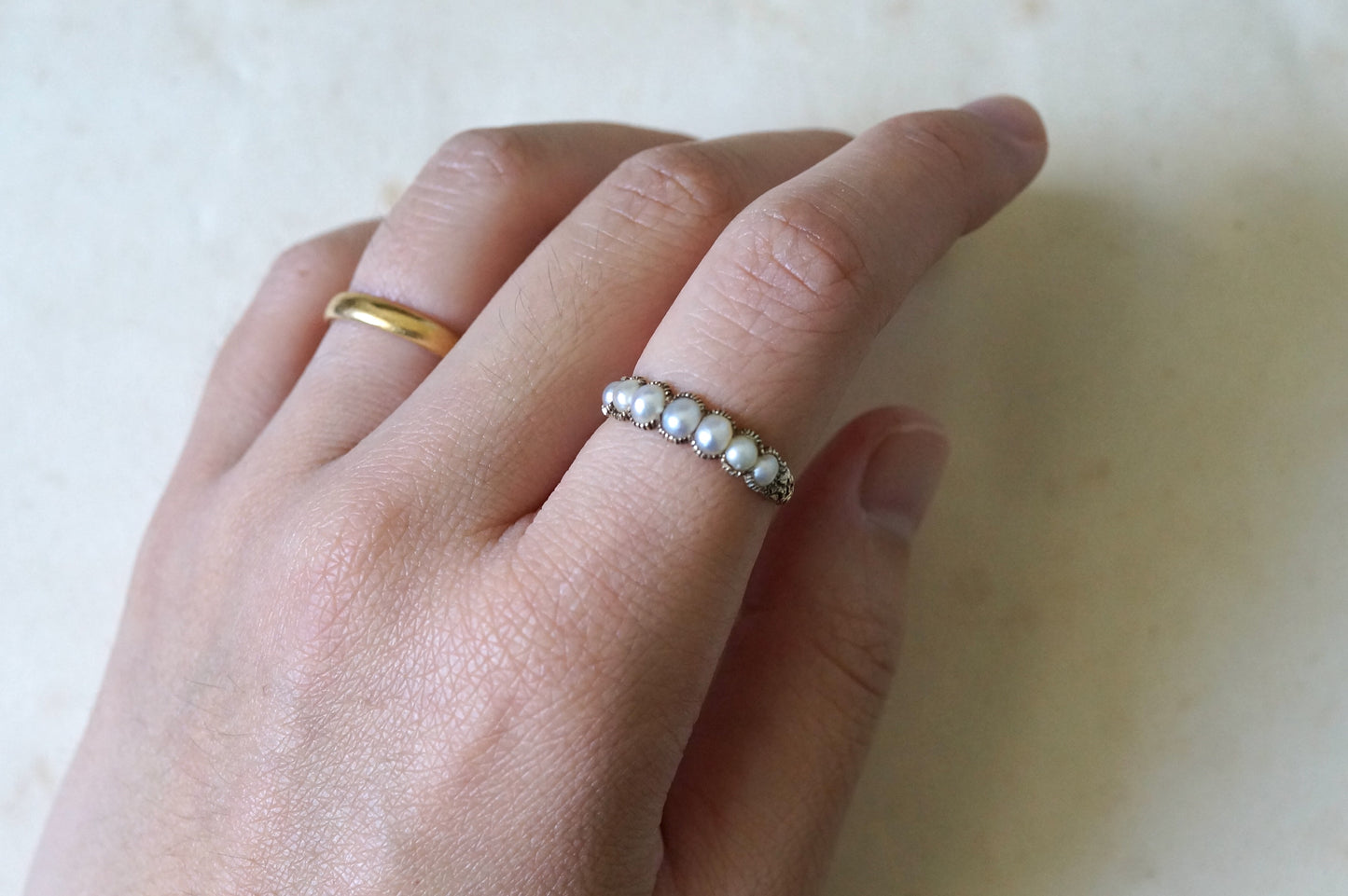 Georgian Pearl Half Hoop Ring with Chased Details
