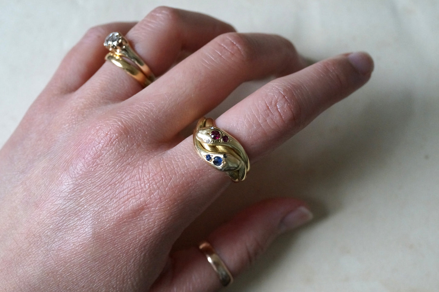 Victorian Double Snake Ring with Ruby and Sapphire