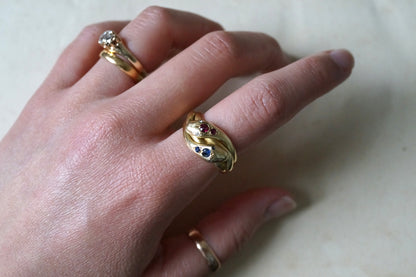 Victorian Double Snake Ring with Ruby and Sapphire