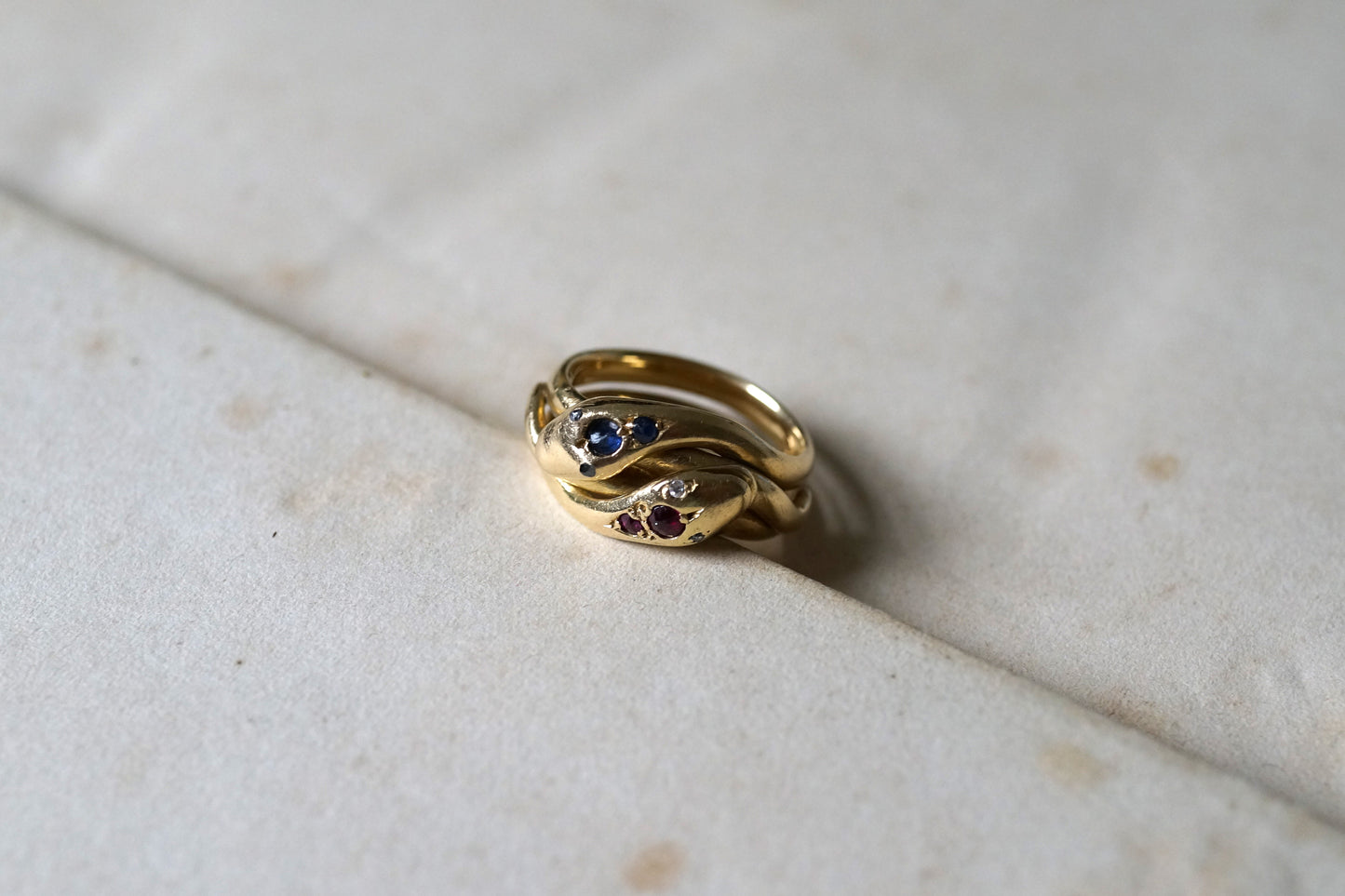 Victorian Double Snake Ring with Ruby and Sapphire