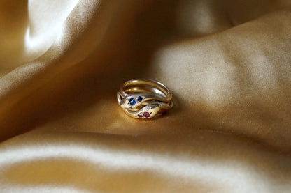 Victorian Double Snake Ring with Ruby and Sapphire