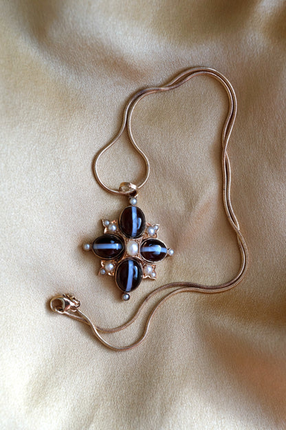 Victorian Banded Agate Maltese Cross Necklace