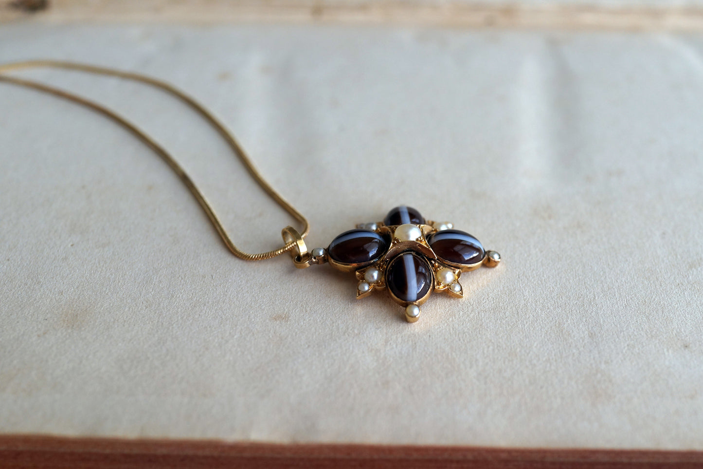 Victorian Banded Agate Maltese Cross Necklace