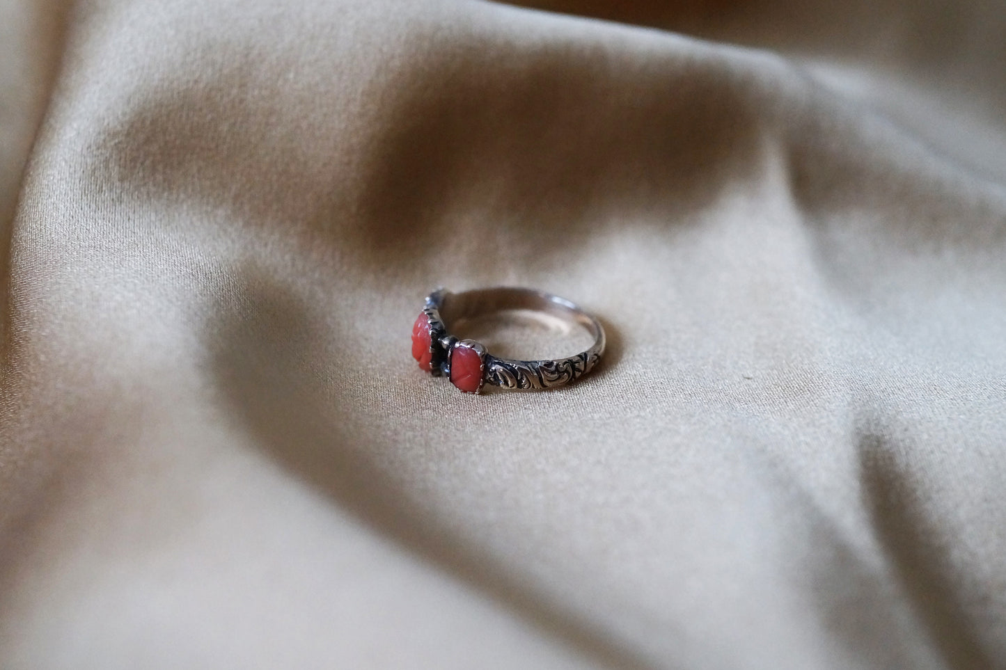 Georgian Carved Coral Pineapple Three-stone Ring