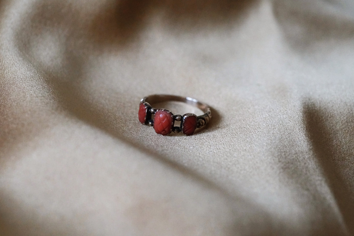 Georgian Carved Coral Pineapple Three-stone Ring
