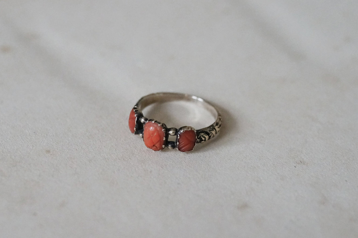 Georgian Carved Coral Pineapple Three-stone Ring