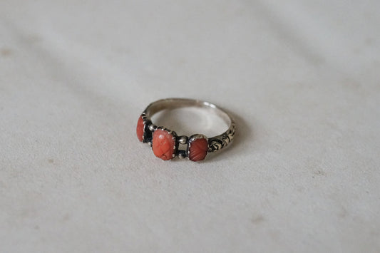 Georgian Carved Coral Pineapple Three-stone Ring