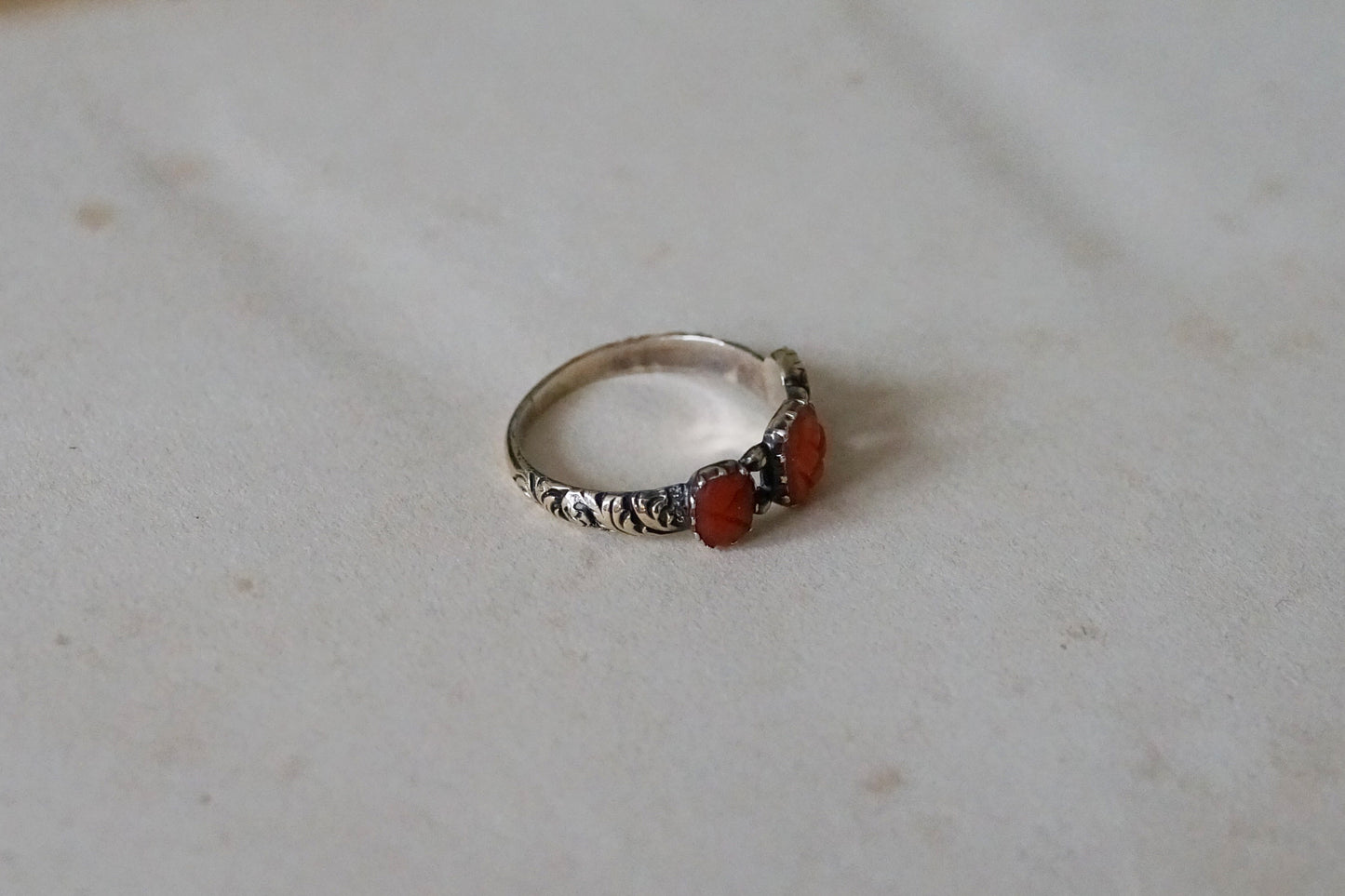 Georgian Carved Coral Pineapple Three-stone Ring