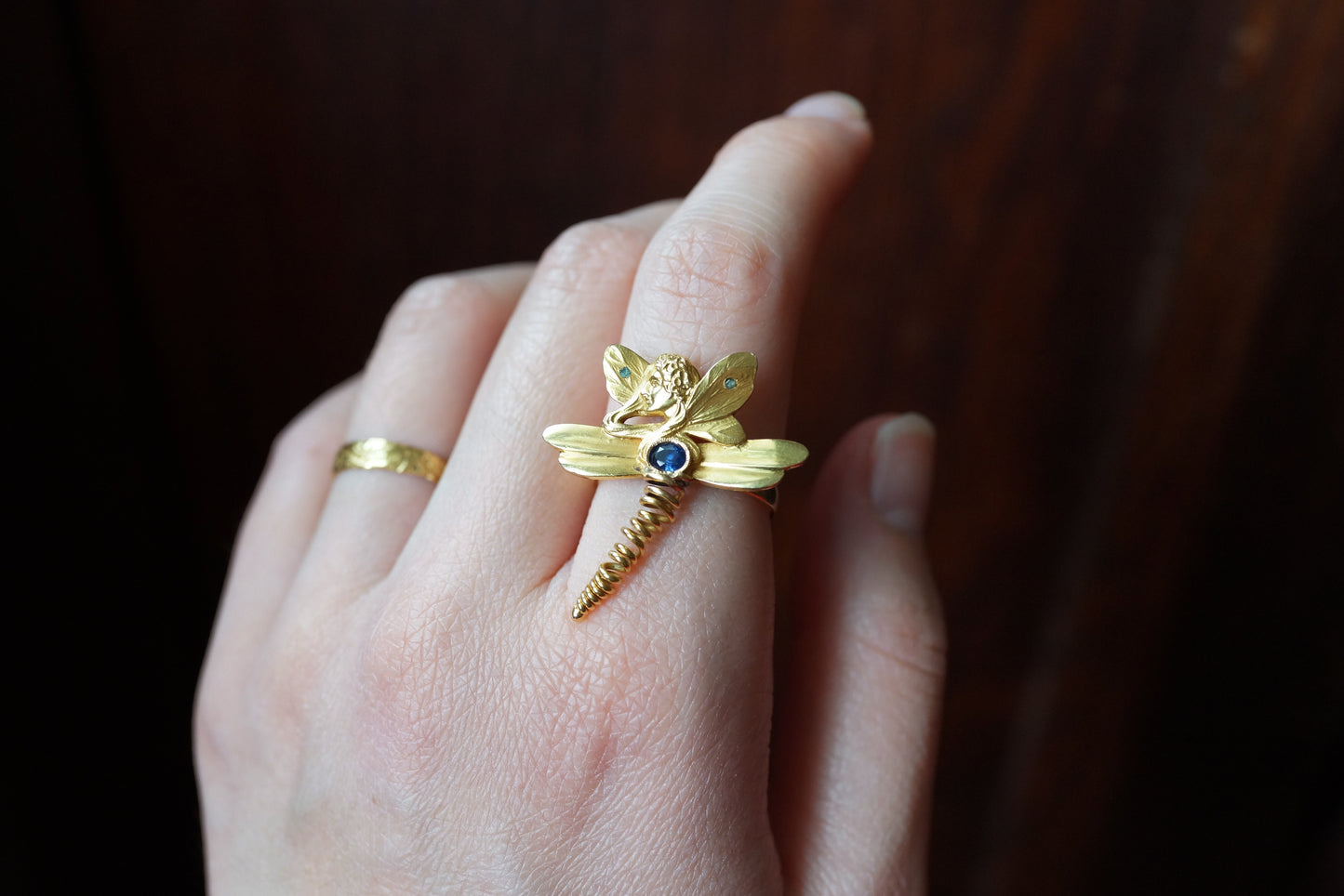 French Art Nouveau Lady Dragonfly Conversion Ring