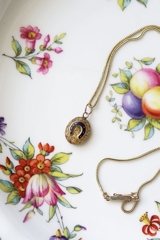 Victorian Tiny Horseshoe Locket with Blue Enamel