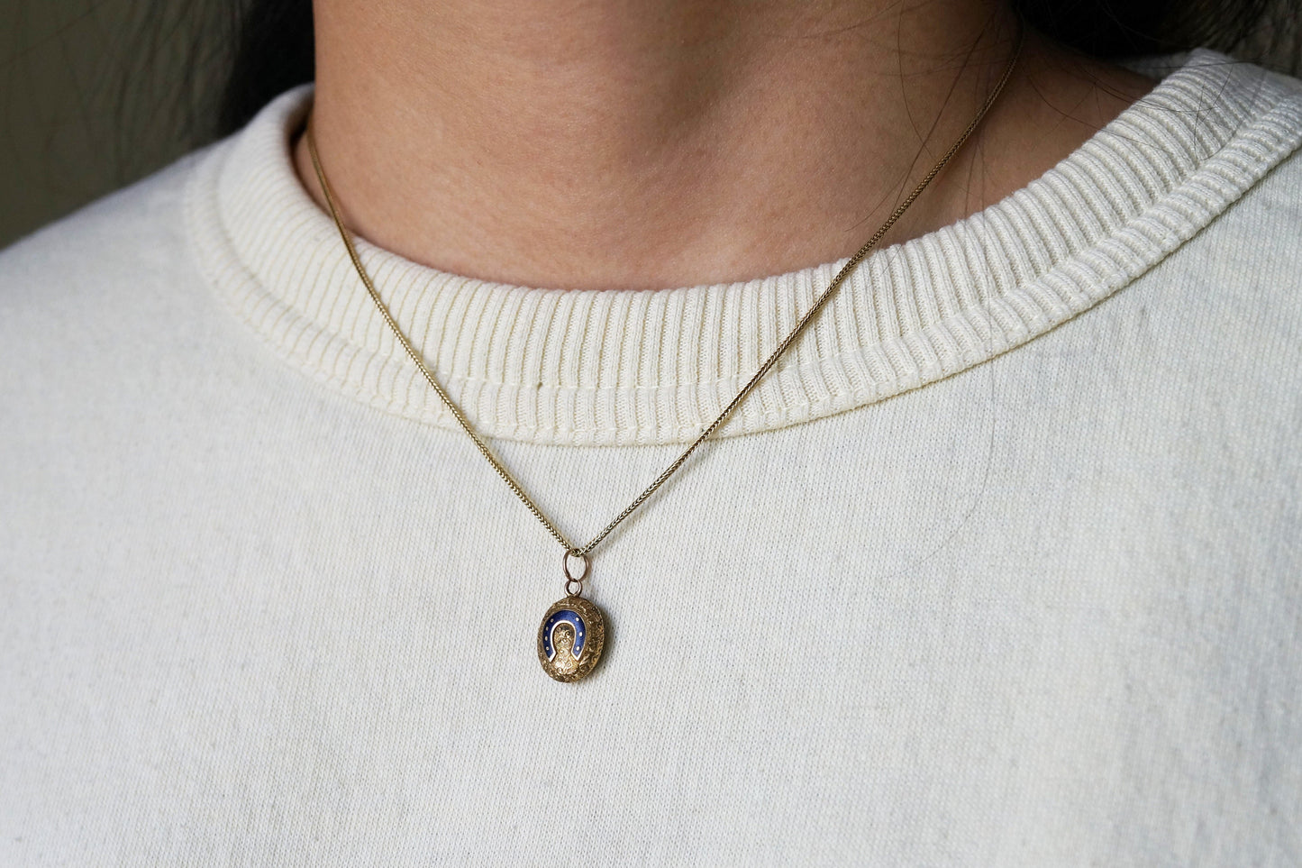 Victorian Tiny Horseshoe Locket with Blue Enamel