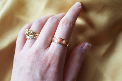 Victorian Flush Set Coral Three-stone Ring