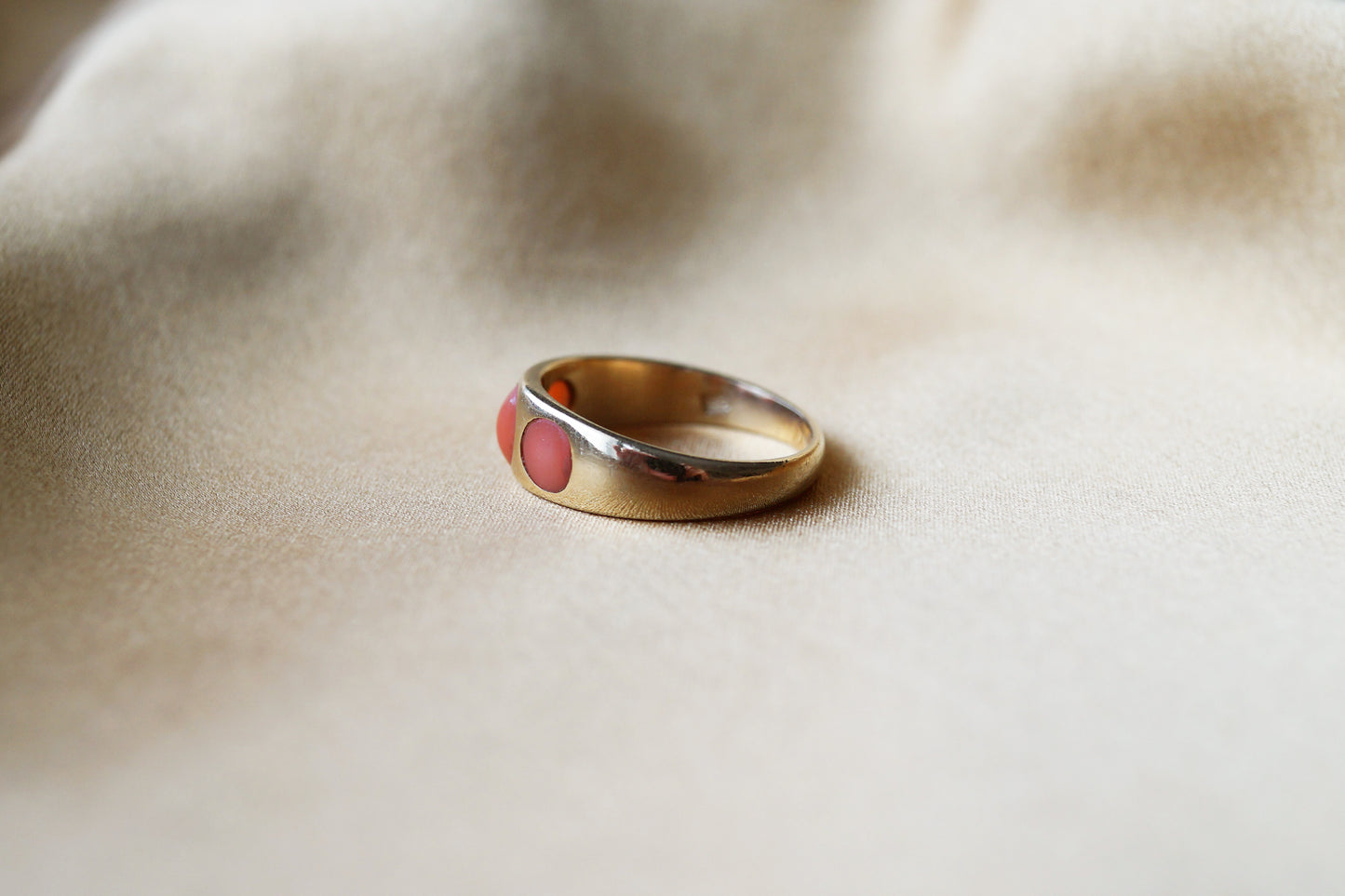 Victorian Flush Set Coral Three-stone Ring