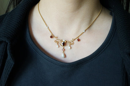 Art Nouveau Garnet and Pearl Festoon Necklace
