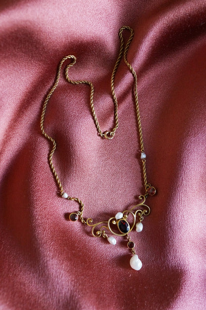 Art Nouveau Garnet and Pearl Festoon Necklace