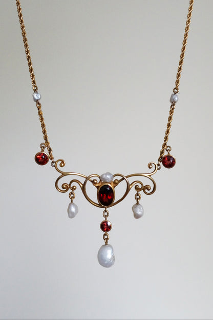 art nouveau festoon 14k gold garnet pearl