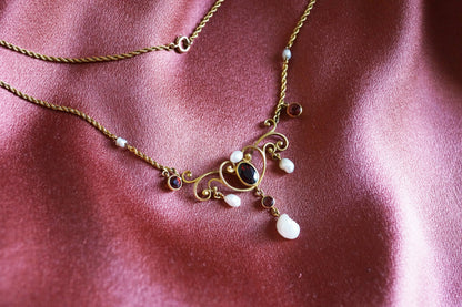 Art Nouveau Garnet and Pearl Festoon Necklace