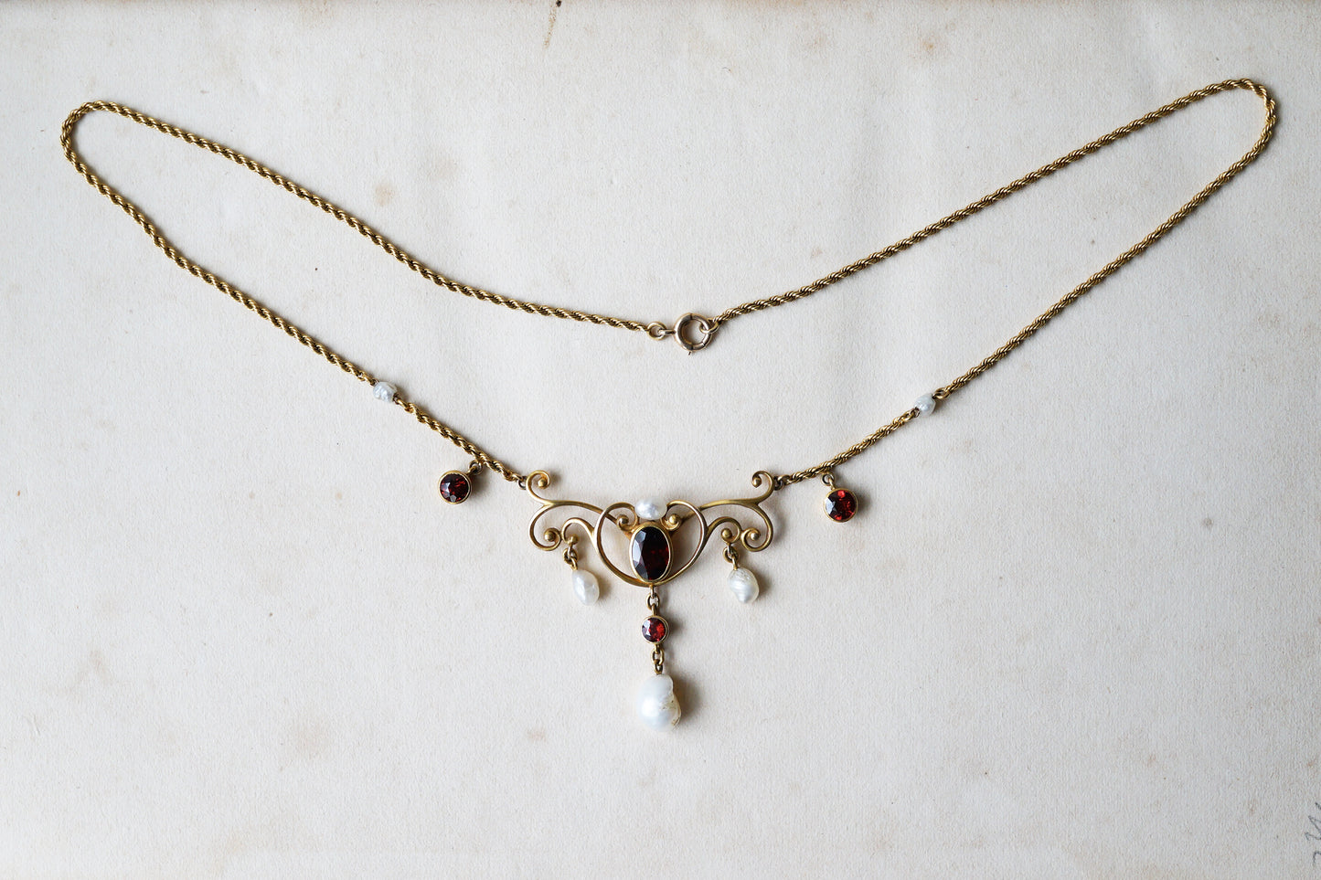 Art Nouveau Garnet and Pearl Festoon Necklace