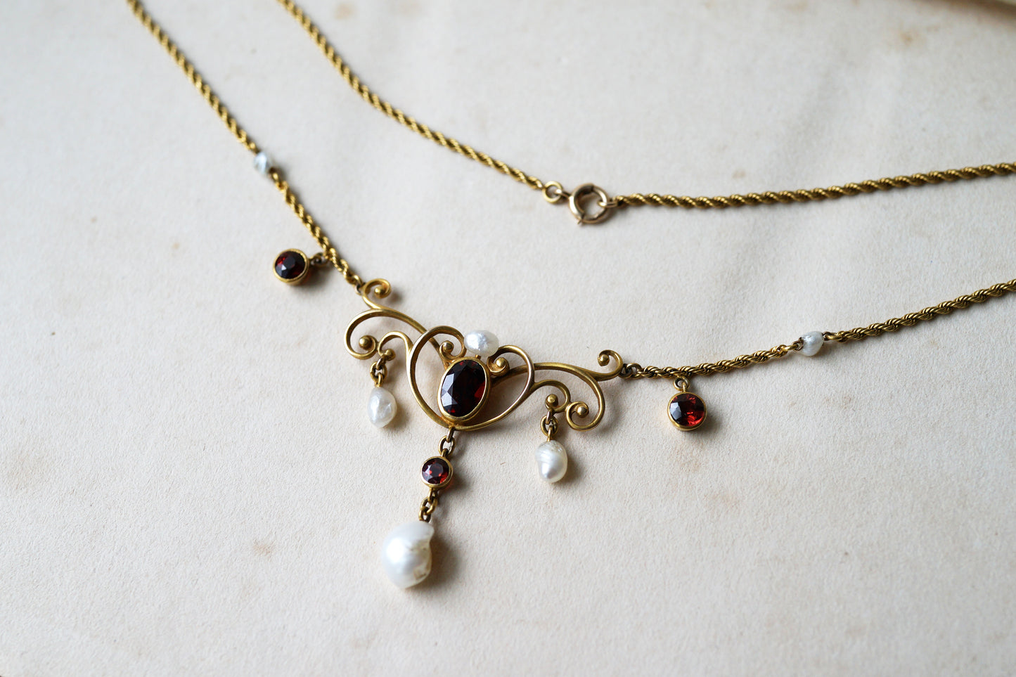 Art Nouveau Garnet and Pearl Festoon Necklace