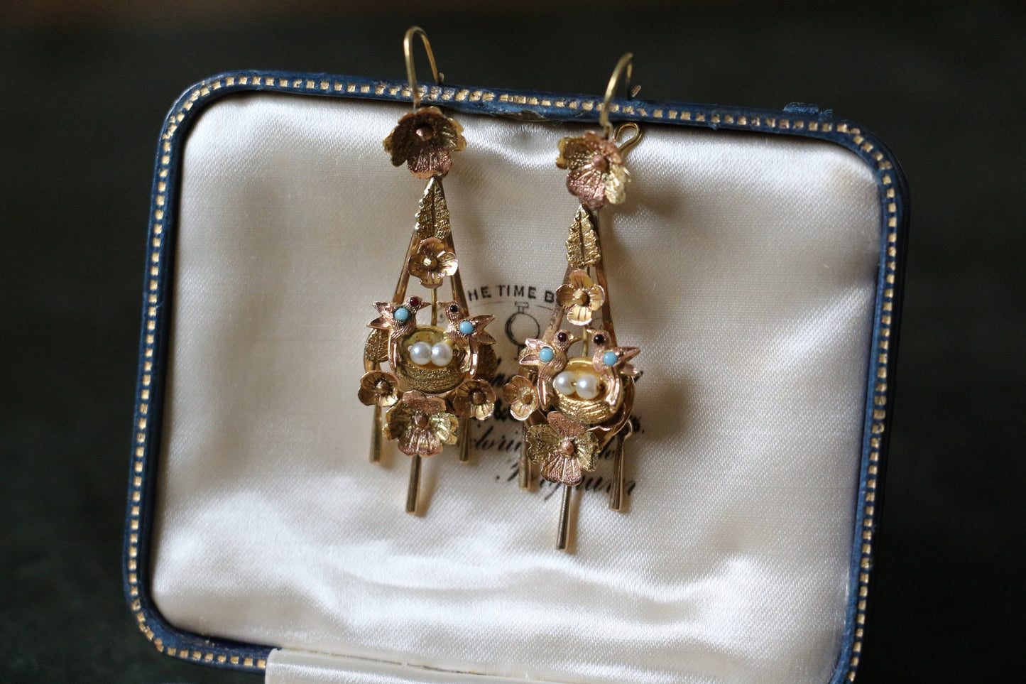 Victorian Two Tone Gold Floral Bird Drop Earrings