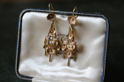 Victorian Two Tone Gold Floral Bird Drop Earrings