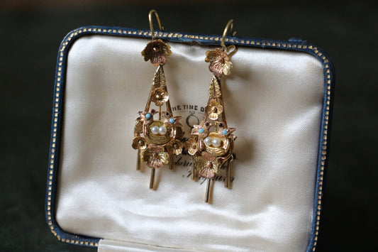 Victorian Two Tone Gold Floral Bird Drop Earrings
