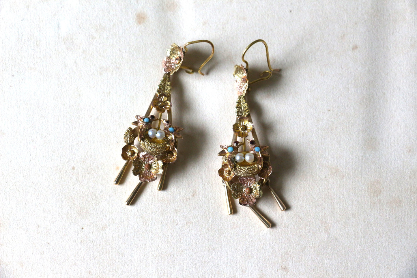 Victorian Two Tone Gold Floral Bird Drop Earrings
