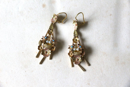 Victorian Two Tone Gold Floral Bird Drop Earrings