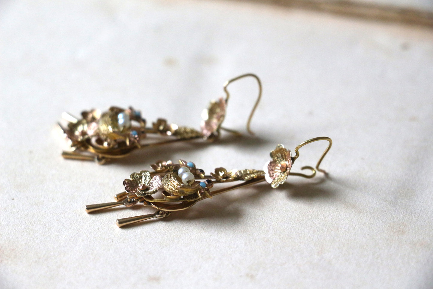 Victorian Two Tone Gold Floral Bird Drop Earrings