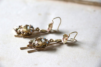 Victorian Two Tone Gold Floral Bird Drop Earrings