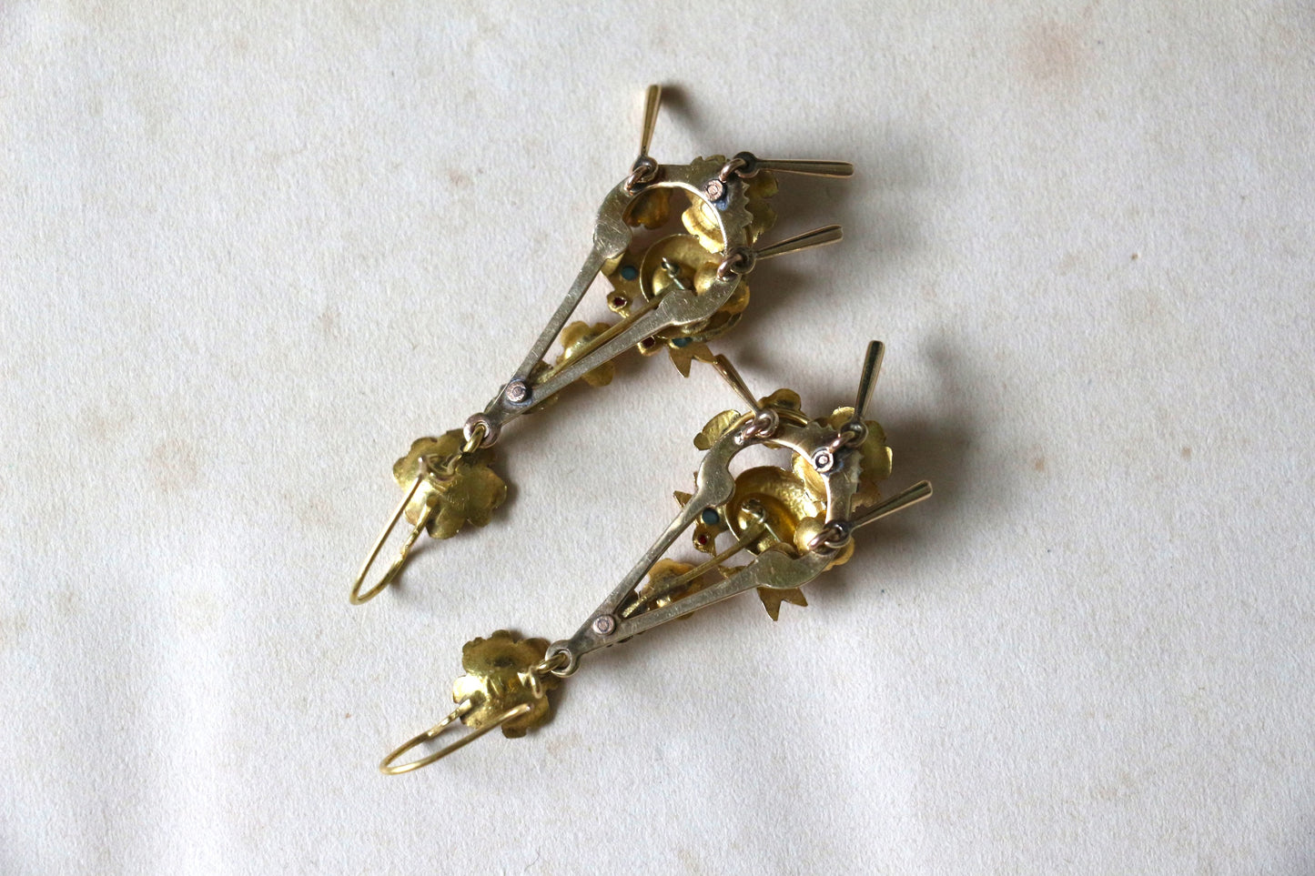 Victorian Two Tone Gold Floral Bird Drop Earrings